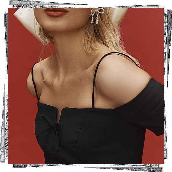 NWT: Black Off-The-Shoulder Bow Mini Dress w/ Tulle In Skirt (S) by Maeve - Picture 3 of 3